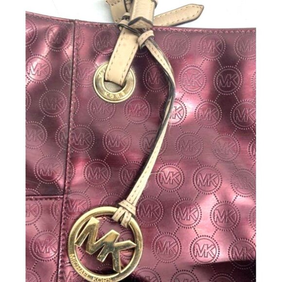 Michael Kors Burgundy Shoulder Patent Tote Bag With MK Monogram Purse - Picture 3 of 5